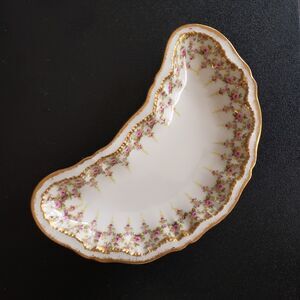 Vintage Limoges France Trinket Candy Cresent Dish Floral W/ Gold  GIMBELS 6.25"